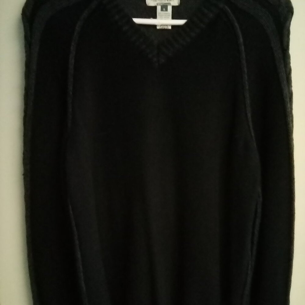Men's American Rag Black V Neck Sweater with Gray Cable knit and Trim Size Med